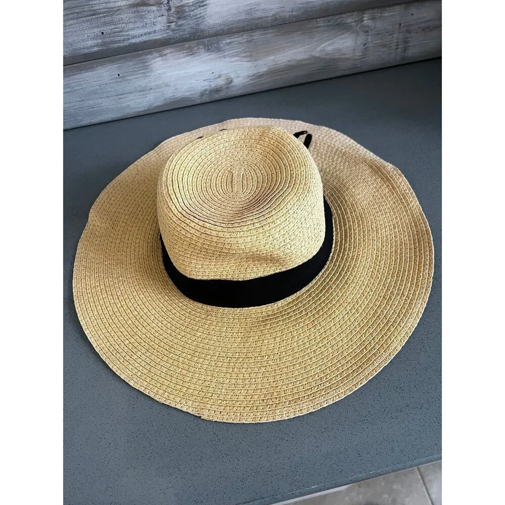 Genuine C.C Bride Wide Brim Straw Floppy Beach Hat with Ribbon